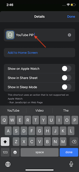Comment utiliser YouTube Picture-in-Picture (PiP) sur iPhone 16 nom-votre-raccourci